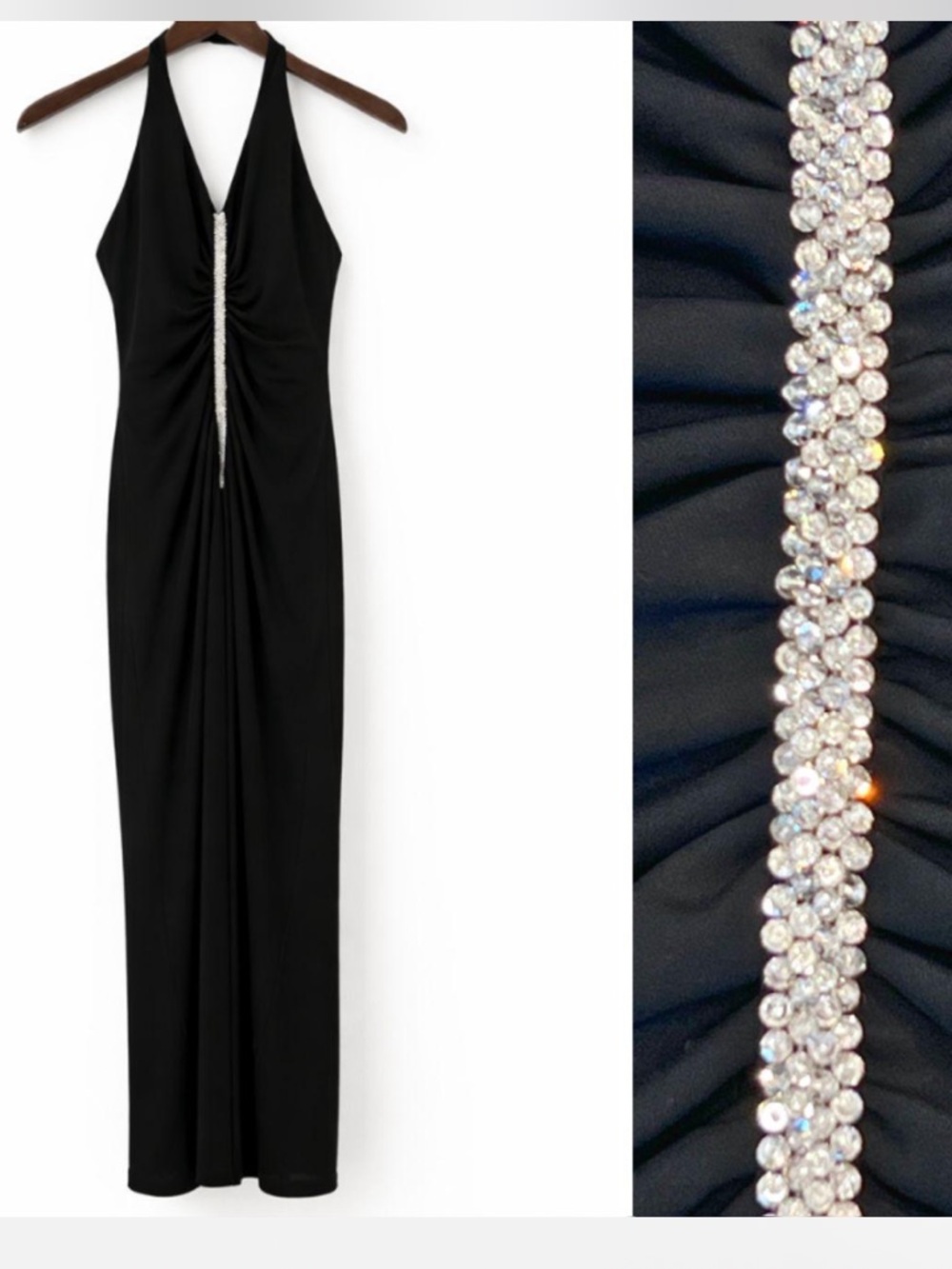 Vintage Y2K Halter Neck Plunge Beaded Sequin Maxi Dress/Gown Size 00/0 Jovani